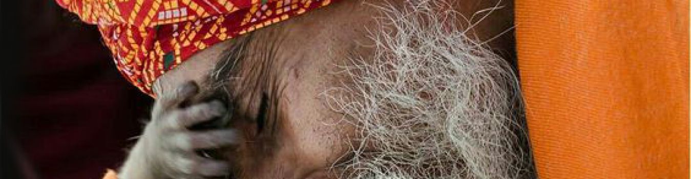 Sadhu Playing with baby monkey - Significant Landmark in Kashi, Varanasi